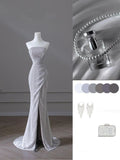 Sparkly Mermaid Strapless Sequin Long Slit Evening Dress Prom Dresses With Ruffles HZ1024