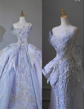 Chic Ball Gown Strapless Blue Sequin Sleeves Long Wedding Dresses With Beads HZ1024