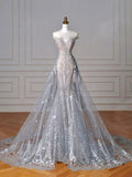 Chic Mermaid Off The Shoulder Sequin Lace Long Wedding Dresses With Train HZ1024