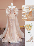 Pretty Mermaid Sweetheart Sequin Long Evening Dress Prom Dresses With Sleeves HZ1024