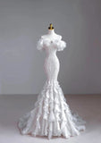 Chic Mermaid Off The Shoulder Ruffles White Long Wedding Dresses With Pearls HZ1024