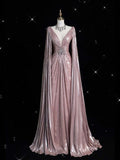 Pretty A Line V Neckline Sequin Long Sleeves Pink Evening Dress Prom Dresses HZ1024