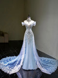Pretty Mermaid Off The Shoulder Sequin Cap Sleeves Blue Evening Dress Long Prom Dresses With Beads HZ1024