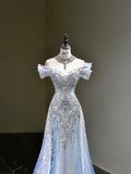 Pretty Mermaid Off The Shoulder Sequin Cap Sleeves Blue Evening Dress Long Prom Dresses With Beads HZ1024