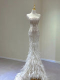 Chic Mermaid Strapless Sleeveless White Long Wedding Dresses With Feather HZ1024