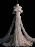 Chic Mermaid Off The Shoulder Sequin Sequin White Long Wedding Dresses With Train HZ1024