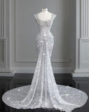 Chic Mermaid Square Neckline Sequin White Long Wedding Dresses With Train HZ1024