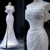 Chic Mermaid Off The Shoulder Sequin White Long Wedding Dresses With Slit HZ1024