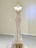Pretty Mermaid Sweetheart Sequin Champagne Long Evening Dress Prom Dresses HZ1024