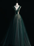 Elegant A Line V Neckline Tulle Sleeveless Green Long Prom Dresses HZ1024