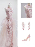 Elegant Mermaid High Neckline Sequin Pink Sleeveless Long Prom Dresses HZ1024