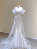 Chic Mermaid Off The Shoulder Sequin Tulle Long Wedding Dresses With Sleeves HZ1024
