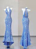 Elegant Mermaid V Neckline Sequin Blue Sleeveless Long Prom Dresses HZ1024