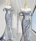 Elegant Mermaid Off The Shoulder Sequin Silver Evening Dress Long Prom Dresses HZ1024
