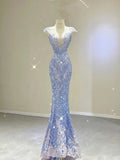 Elegant Mermaid Scoop Neckline Sequin Blue Evening Dress Long Prom Dresses HZ1024