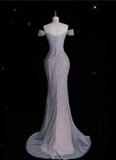 Elegant Mermaid Off The Shoulder Silver Sequin Evening Dress Long Prom Dresses HZ1024