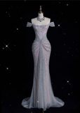 Elegant Mermaid Off The Shoulder Silver Sequin Evening Dress Long Prom Dresses HZ1024