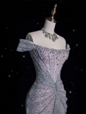 Elegant Mermaid Off The Shoulder Silver Sequin Evening Dress Long Prom Dresses HZ1024