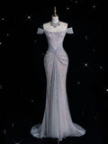 Elegant Mermaid Off The Shoulder Silver Sequin Evening Dress Long Prom Dresses HZ1024