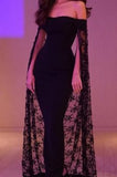 Elegant Mermaid Off The Shoulder Black Lace Long Prom Dresses Party Dress With Cape HZ1024