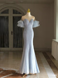Elegant Mermaid Off The Shoulder Light Sky Blue Sequin Evening Dress Long Prom Dresses HZ1024