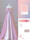 Elegant A line Off The Shoulder Pink Sequin Evening Dress Long Prom Dresses With Sleeves HZ1024