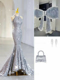 Elegant Mermaid High Neckline Silver Sequin Evening Dress Long Prom Dresses HZ1024