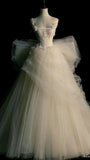 Chic Ball Gown Square Neckline Tulle Ivory Long Wedding Dresses With Lace HZ1024