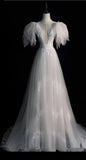 Vintage A line V Neckline Tulle Ivory Long Wedding Dresses With Lace HZ1024