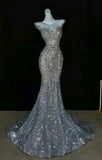 Elegant Mermaid Scoop Neckline Silver Sequin Evening Dress Long Prom Dresses HZ1024