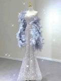 Elegant Mermaid Sweetheart Neckline Silver Sequin Evening Dress Long Prom Dresses HZ1024
