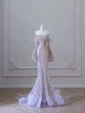 Elegant Mermaid Off The Shoulder Pink Sequin Evening Dress Long Sleeves Prom Dresses HZ1024