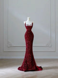 Elegant Mermaid Spaghetti Straps Burgundy Sequin Long Prom Dresses Party Dress With Beads HZ1024