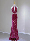Elegant Mermaid Scoop Neckline Hot Pink Sequin Long Prom Dresses Party Dress With Beads HZ1024