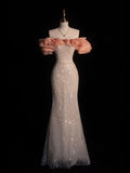 Elegant Mermaid Off The Shoulder Sequin Evening Dress Long Silver Prom Dresses HZ1024