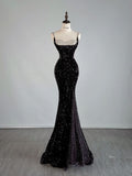 Elegant Mermaid Spaghetti Straps Black Sequin Long Prom Dresses Party Dress With Beads HZ1024