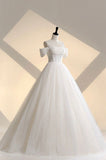 Elegant Ball Gown Strapless White Long Tulle Wedding Dresses With Beads HZ1024