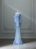 Elegant Mermaid Off The Shoulder Sequin Blue Evening Dress Long Slit Prom Dresses HZ1024