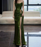 Elegant Mermaid Strapless Dark Green Sequin Slit Long Prom Dresses Party Dresses HZ1024