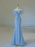 Elegant Mermaid Off The Shoulder Sequin Blue Evening Dress Long Prom Dresses HZ1024