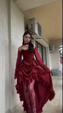 Elegant High Low Strapless Burgundy Satin Prom Dress Birthday Outfits With Sleeves HZ1024