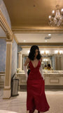 Elegant Sheath Spaghetti Straps Red Satin Prom Dress Birthday Outfits HZ1024