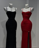 Elegant Mermaid Spaghetti Straps Black Long Slit Prom Dress Birthday Outfits HZ1024