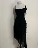 Elegant High Low Straps Black Chiffon Prom Dress Birthday Outfits HZ1024
