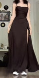 Elegant A line Spaghetti Straps Black Satin Prom Dress Birthday Outfits HZ1024