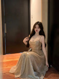 Elegant A line Spaghetti Straps Champagne Long Length Prom Dress Birthday Outfits HZ1024