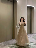 Elegant A line Spaghetti Straps Champagne Long Length Prom Dress Birthday Outfits HZ1024
