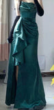 Elegant Mermaid Strapless Green Long Length Satin Slit Prom Dresses Birthday Outfits HZ1024