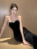 Elegant Mermaid Strapless Black Velvet Long Length Prom Dresses Birthday Outfits HZ1024
