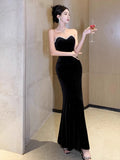 Elegant Mermaid Strapless Black Velvet Long Length Prom Dresses Birthday Outfits HZ1024